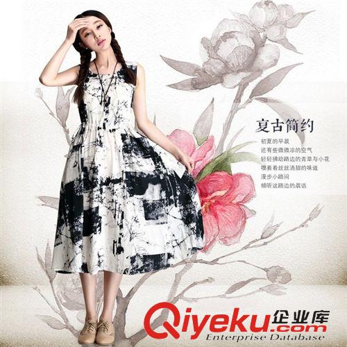 棉麻服裝 2015新款森女水墨畫印花文藝范棉麻大碼無袖圓領連衣裙背心裙