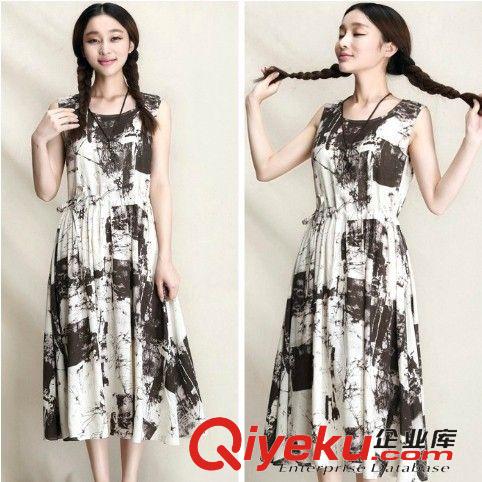 棉麻服裝 2015新款森女水墨畫印花文藝范棉麻大碼無袖圓領連衣裙背心裙原始圖片2