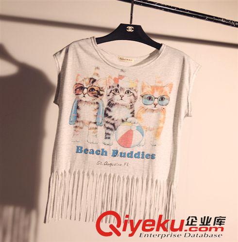 xscx區(qū) 東大門2015春夏韓國(guó)可愛卡通貓咪露臍性感流蘇女式百搭t恤原始圖片2