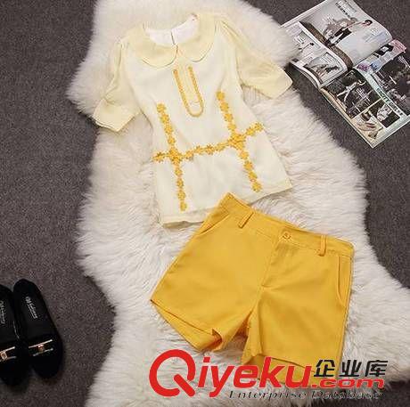 六月上新 韓國東大門2015夏裝新款娃娃領短袖短褲兩件套裝襯衣女裝爆品