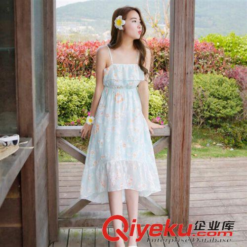五月新品四期 2015夏季新款波西米亞雪紡碎花吊帶荷葉邊不規則海邊沙灘連衣裙