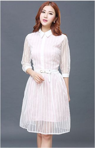 四月新品一期 歐洲站2015歐美風女裝春裝新款中長款條紋裙子七分袖連衣裙女潮品原始圖片3