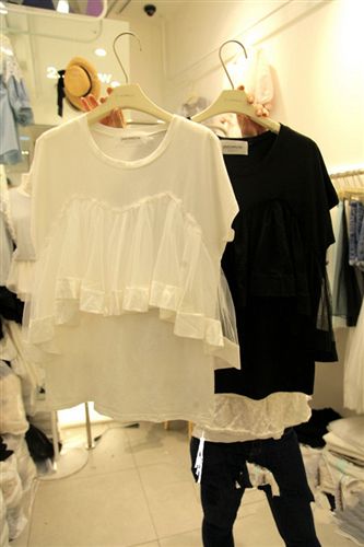 {zx1}夏款 韓國東大門代購2015新款女裝時尚純色拼接網(wǎng)紗荷葉邊御姐范T恤女原始圖片3