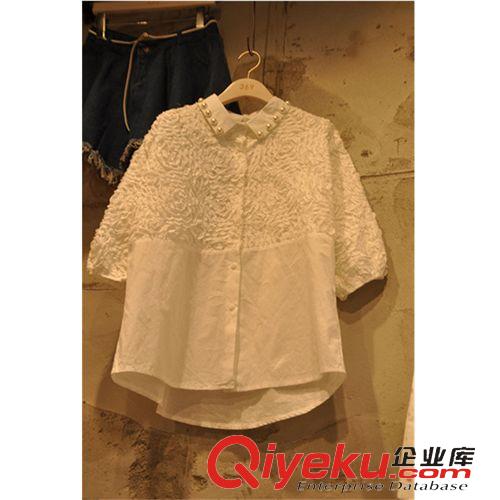 {zx1}夏款 東大門代購2015夏季刺繡立體花朵拼接短袖襯衫女甜美娃娃領上衣潮