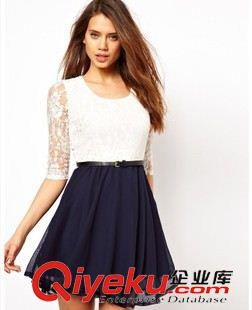 連衣裙2 歐洲站2015夏新款拼接修身蕾絲裙連衣裙 女加大碼 送腰帶原始圖片2