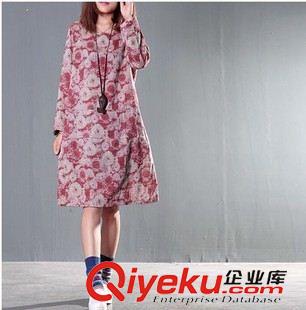 連衣裙2 2015秋季新款大碼女裝民族風(fēng)布衣印花圓領(lǐng)長(zhǎng)袖女式寬松連衣裙原始圖片3