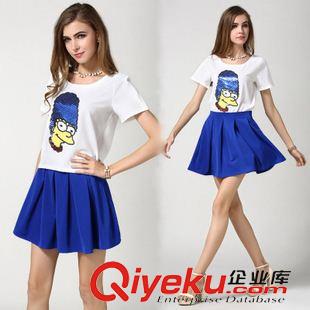 休閑運動套裝 2015夏季韓版新款女裝卡通短袖上衣+百褶大擺短裙兩件套連衣裙原始圖片3
