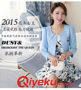 9月一期新款 2015新款女装韩版修身两件套装裙子中长款印花长袖连衣裙秋