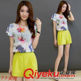 2015.07.27新品 2015夏季大碼大碼女裝韓版印花雪紡衫闊腿短褲套裝801182514