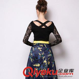 2015秋季新款 歐洲站2015秋冬新款時(shí)尚長(zhǎng)袖蕾絲衫鏤空露背純棉打底衫原始圖片2