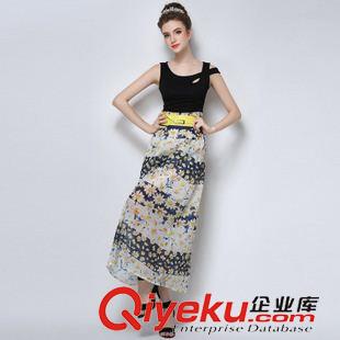 6月新款已出貨 2015夏季歐美新款定位花雪紡半身裙氣質修身不規則印花長裙