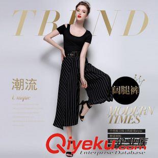 5月歐美新款 歐洲站2015夏季女裝時尚九分褲氣質(zhì)條紋闊腿褲女大碼褲裙
