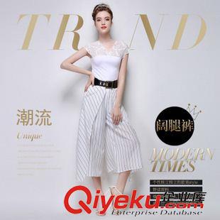 5月歐美新款 歐洲站2015夏季女裝時尚九分褲氣質(zhì)條紋闊腿褲女大碼褲裙