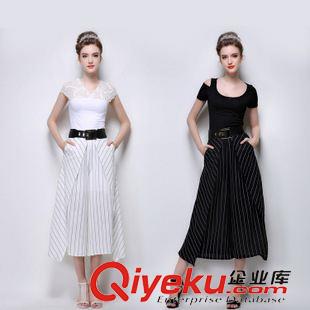 5月歐美新款 歐洲站2015夏季女裝時尚九分褲氣質(zhì)條紋闊腿褲女大碼褲裙
