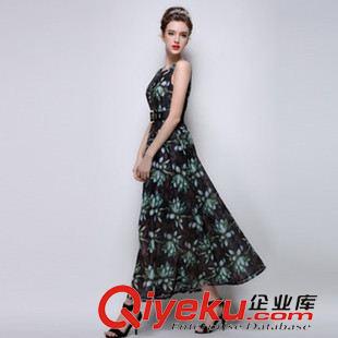 5月欧美新款 2015夏装新款时尚欧美印花女长裙气质无袖雪纺连衣裙