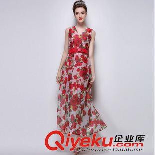 5月歐美新款 2015夏裝新款歐美時(shí)尚V領(lǐng)雪紡連衣裙氣質(zhì)印花大擺長裙