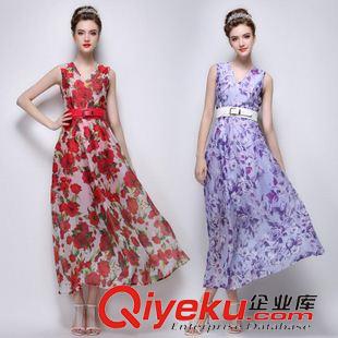 5月歐美新款 2015夏裝新款歐美時(shí)尚V領(lǐng)雪紡連衣裙氣質(zhì)印花大擺長裙