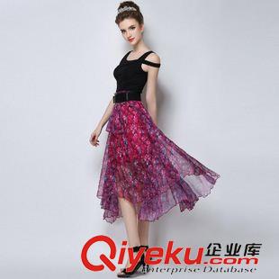 5月歐美新款 歐洲站2015夏季新款氣質(zhì)不規(guī)則半身裙雪紡印花高腰中裙