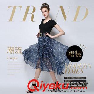 5月歐美新款 歐洲站2015夏季新款氣質(zhì)不規(guī)則半身裙雪紡印花高腰中裙