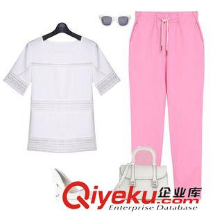 七分 短褲套裝 2015夏裝新款韓版圓領(lǐng)短袖T恤亞麻哈倫九分褲時(shí)尚休閑套裝女裝原始圖片2