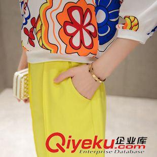 7月上新 2015夏季新款女裝黃色圓領(lǐng)七分袖印花上衣+時(shí)尚闊腿褲名媛套裝女原始圖片3