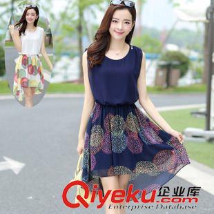 6月中新款 2015韓版女裝氣質印花燕尾裙大碼拼接假兩件裙 雪紡連衣裙