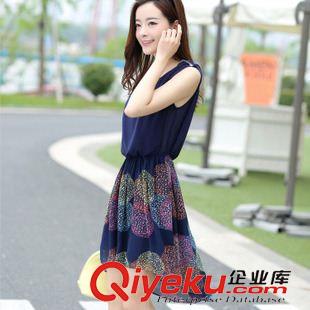 6月中新款 2015韓版女裝氣質印花燕尾裙大碼拼接假兩件裙 雪紡連衣裙