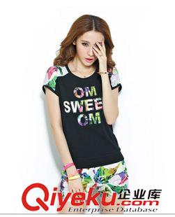 夏款 2015夏季新款兩件套女 韓版顯瘦印花圓領短袖T恤+短褲套裝原始圖片3