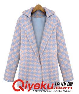 毛呢外套 2015韓國代購春秋新款毛呢外套女中長款韓版千鳥格繭型羊絨呢大衣原始圖片2
