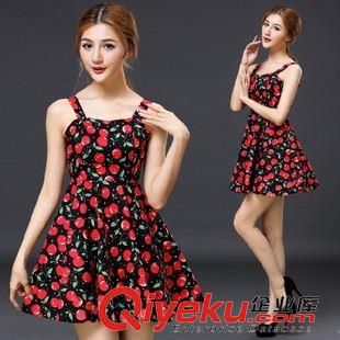 無(wú)袖 春夏新品 櫻桃印花A字裙擺吊帶裙 連衣裙原始圖片2