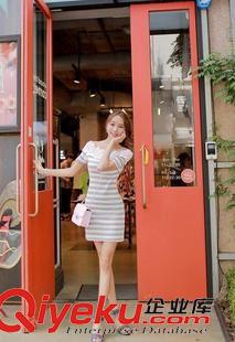 短袖 2015韓版女裝夏新品短袖條紋連衣裙花邊拼接修身短裙#原始圖片2