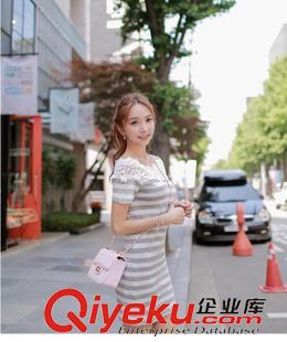 短袖 2015韓版女裝夏新品短袖條紋連衣裙花邊拼接修身短裙#原始圖片3