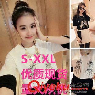 女T 2015實拍白領依人情侶夏裝2015創意印花中長款寬松女短袖T恤#