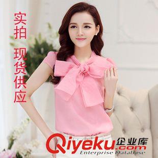 女T 2015春夏新款韓版歐根紗短袖上衣蝴蝶結雪紡衫白色上衣 女