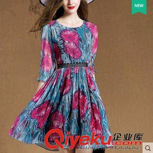 大碼媽媽女裝 2015夏季新款淑女荷葉袖太陽花圓領(lǐng)修身氣質(zhì)雪紡連衣裙原始圖片2