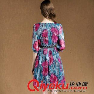 大碼媽媽女裝 2015夏季新款淑女荷葉袖太陽花圓領(lǐng)修身氣質(zhì)雪紡連衣裙原始圖片3
