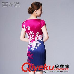 大碼媽媽女裝 2015夏季新款氣質(zhì)修身印花圓領(lǐng)包臀短袖旗袍式女連衣裙原始圖片2
