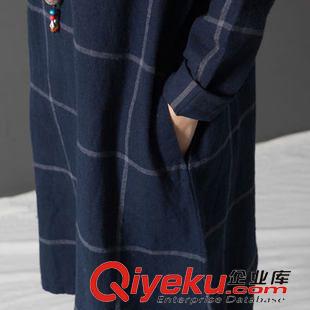 大碼媽媽女裝 2015文藝大碼女裝寬松 韓版長袖格子棉麻連衣裙女原始圖片2