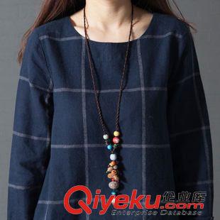 大碼媽媽女裝 2015文藝大碼女裝寬松 韓版長袖格子棉麻連衣裙女原始圖片3