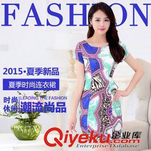 大碼媽媽女裝 2015實拍夏季女短袖新款高檔桑蠶絲顯瘦印花真絲連衣裙原始圖片2