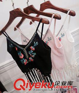 背心 2015復(fù)古民族風(fēng) 刺繡花朵流蘇吊帶短款露臍雪紡小背心原始圖片2