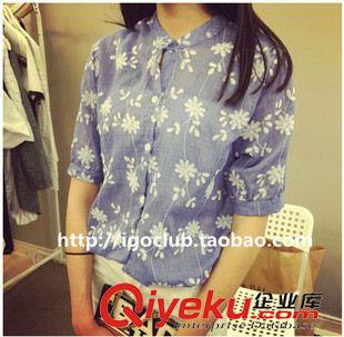 女T 2015夏季新款韓版百搭碎花刺繡文藝風(fēng)立領(lǐng)棉麻短袖襯衫女原始圖片2