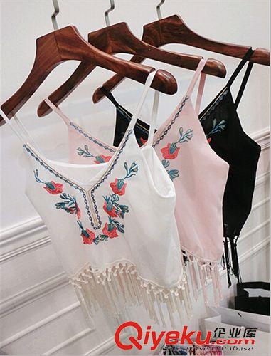 女T 2015復古民族風 刺繡花朵流蘇吊帶短款露臍雪紡小背心原始圖片3