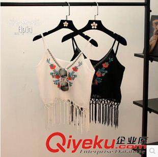 女T 歐美民族百搭顯瘦流蘇刺繡圖案短款露臍吊帶背心 女原始圖片3