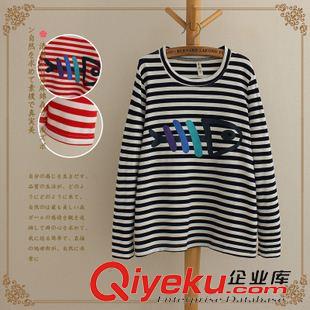 女T 2015實(shí)拍日系 秋裝新款個(gè)性可愛(ài)魚骨印花橫條紋純棉長(zhǎng)袖打底t恤女原始圖片2