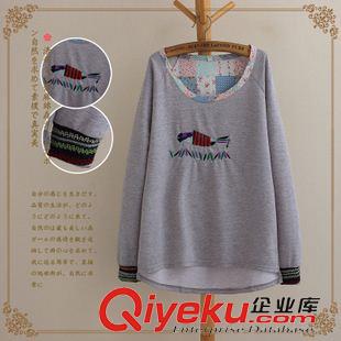 女T 實(shí)拍2015秋季新款日系 格子 落肩袖 長(zhǎng)袖棉麻T(mén)恤寬松大碼女裝