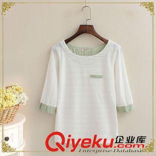 女T 實拍2015秋季新款日系森女系學(xué)院風(fēng)拼接七分袖破洞T恤原始圖片2