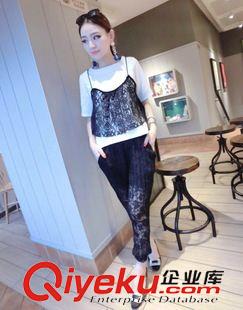 女士休閑套裝 2015歐美潮流時尚爆款韓版蕾絲吊帶短袖T恤+高彈力蕾絲褲三件套原始圖片3