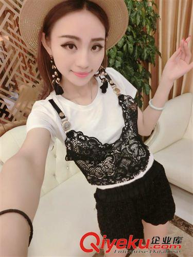 女士休閑套裝 2015歐美時(shí)尚蕾絲吊帶純T+蕾絲短褲 套裝原始圖片3