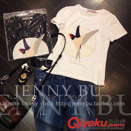 打底褲 夏季新款歐美大牌圓領(lǐng)百搭刺繡飛鳥休閑顯瘦女短袖T恤原始圖片2